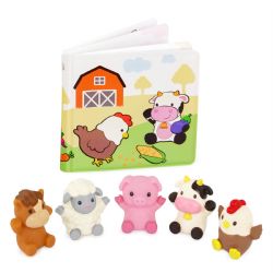 JC25 BATTAT - LIVRE DE BAIN AVEC COULEURS CHANGEANTES AVEC 5 MARIONNETTES À DOIGT ANIMAUX DE LA FERME 